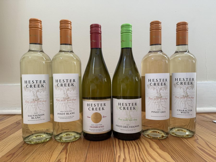 </who>More 2025 vintage wines from Hester Creek Winery in Oliver. From left, Sauvignon Blanc ($22), Pinot Blanc ($23), Trebbiano ($27), Pinot Gris/Viognier ($22), Pinot Gris ($20) and Character White ($20).