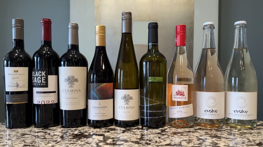 </who>Nine bottle for whatever mood you're in. From left, Mission HIll 2022 Reserve Merlot ($35), Black Sage 2022 Merlot ($33), Culmina 2018 Hypothesis ($42), CedarCreek Estate 2024 Pinot Noir ($31), Culmina Decora Riesling 2023 ($25), Laughing Stock 2024 Blind Trust White ($33), Road 13 Select Harvest 2024 Rose ($28), Evolve 2025 Rose Light Sparkles ($25) and Evolve 2025 Dealcoholized Sparkles ($23).