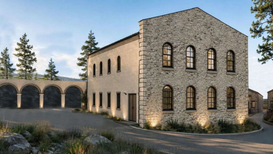 <who>Photo Credit: BlueGreen Architecture</who>A rendering of the front of the barrel storage building.