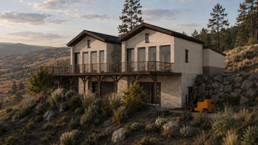 <who>Photo Credit: BlueGreen Architecture</who>A rendering of the back of the hillside tasting suites.